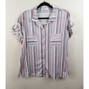 Eden & Olivia Womens Size 3X Pink Striped Short Sleeve Button Up Blouse